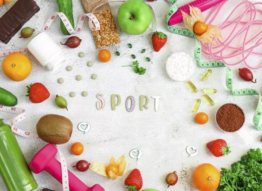 Sports food and accessories on cement.